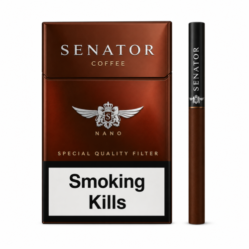 Senator Nano Coffee Sigara Kahve Aromalı, yoğun kahve aroması ve yumuşak içim karakteriyle premium aromatik slim sigara deneyimi sunuyor.